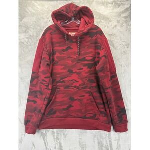 Seven Souls Mens Red Camo Hoodie Moto Ribbed Shoulder Pullover Fleece Large